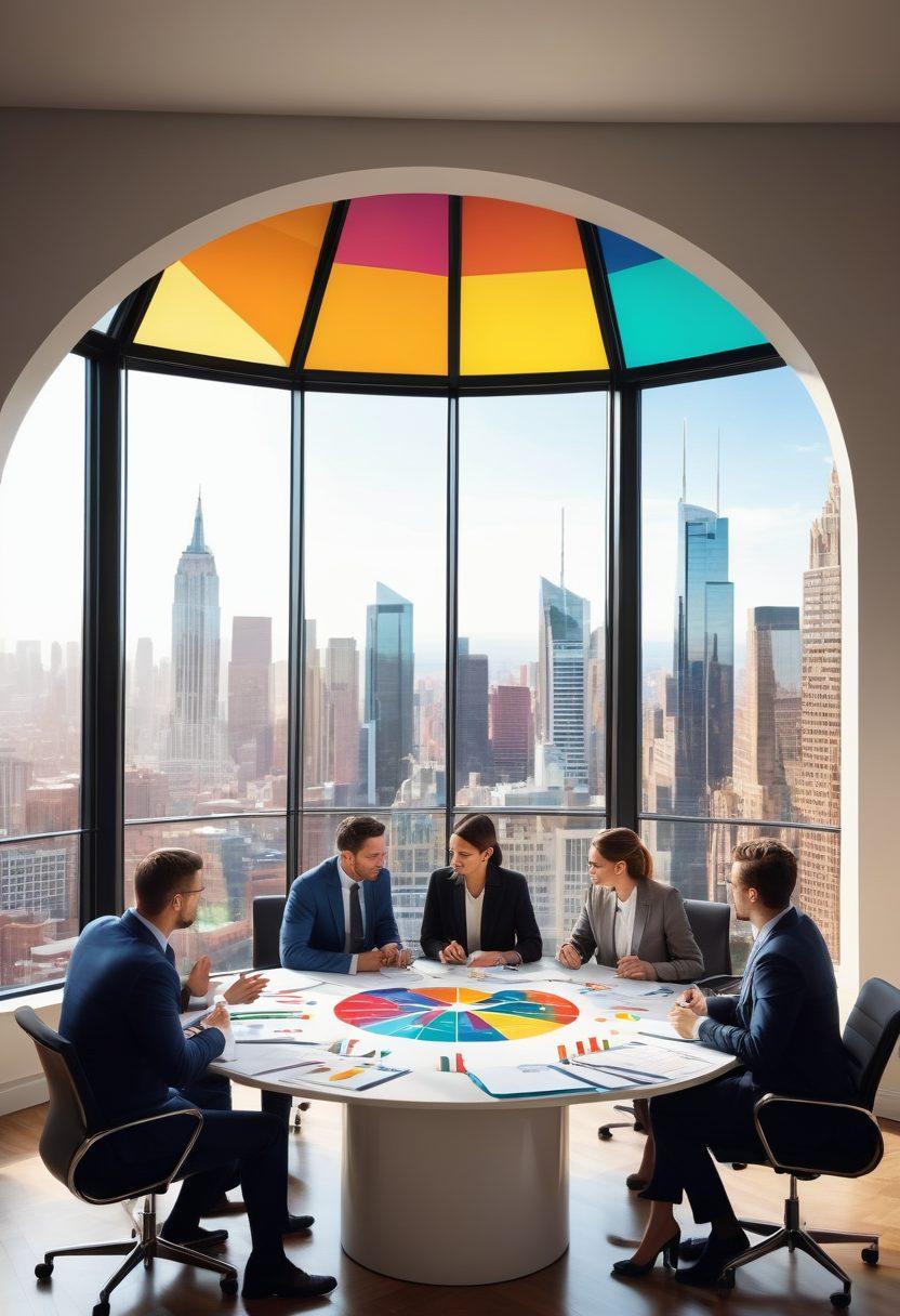 A diverse group of people discussing insurance policies at a round table, with documents and charts scattered around. The backdrop features a large window showing a city skyline, symbolizing security and growth. Include visual elements like a shield icon to represent coverage and light rays highlighting key points on the table. super-realistic. vibrant colors. dynamic composition.