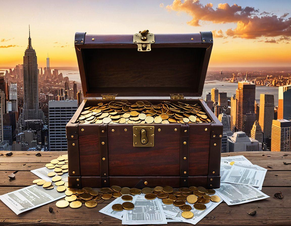 An open treasure chest overflowing with golden coins and insurance documents, set against a backdrop of a city skyline representing diverse communities. A soft glow illuminates the chest, symbolizing the unlocking of secrets, while diverse individuals discuss coverage options around it. Include elements like magnifying glasses, calculators, and a map to enhance the theme of exploration in affordable insurance. vibrant colors. super-realistic.